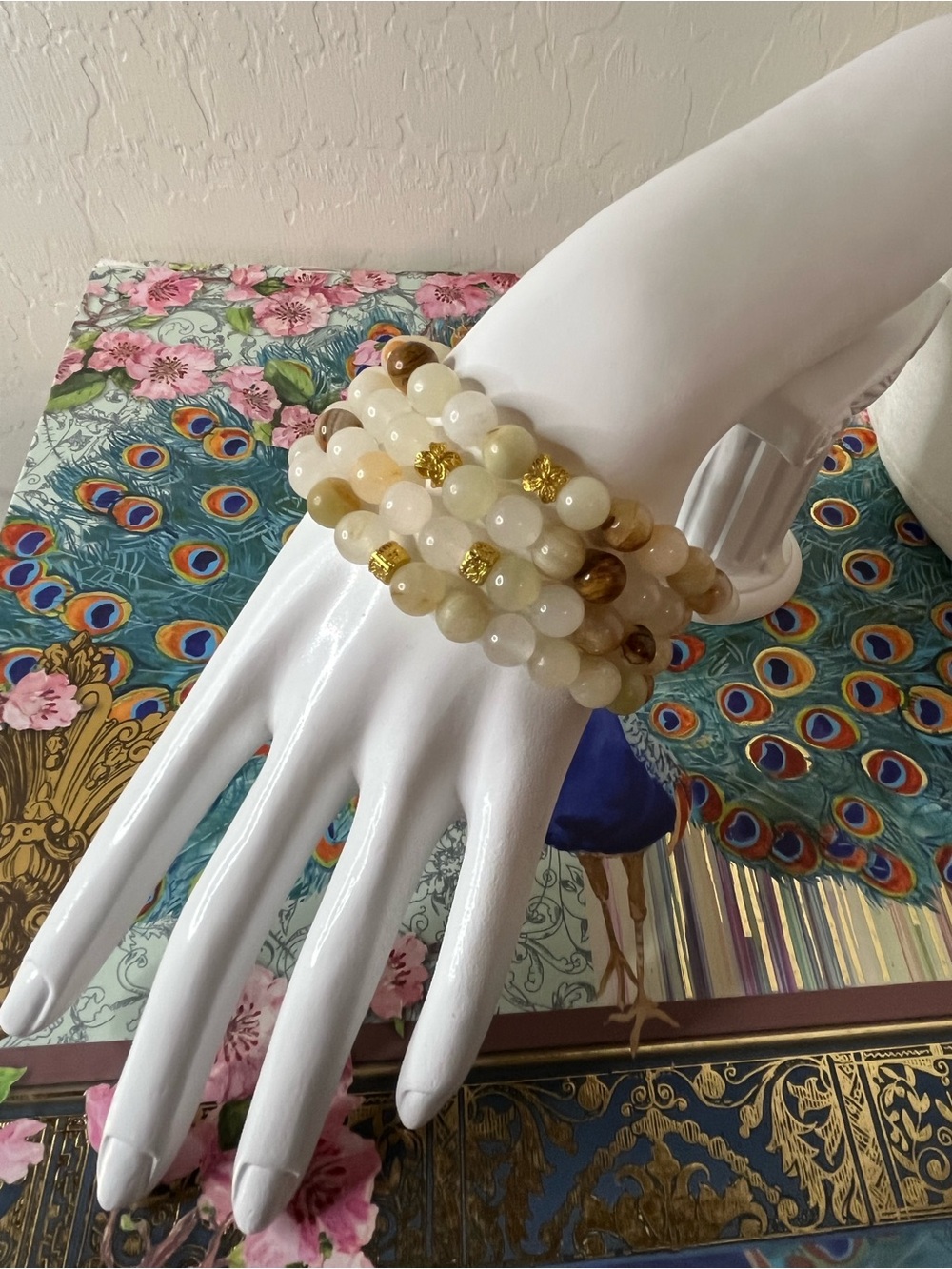 Natural Peach Aventurine 4-Bracelet Stack w/ Gold Accents - Picture 4 of 5